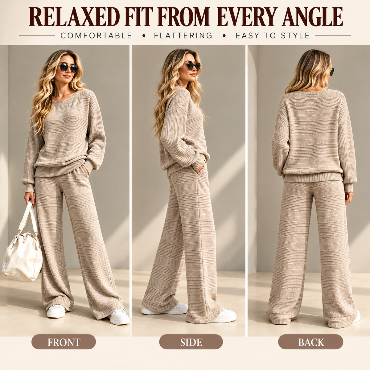 Women's Cozy Textured Knit Crew Neck Sweater and Wide Leg Pants Lounge Outfit