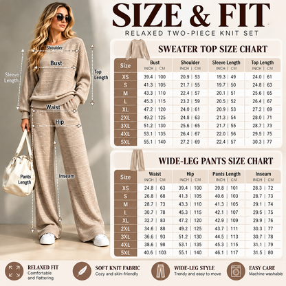 Women's Cozy Textured Knit Crew Neck Sweater and Wide Leg Pants Lounge Outfit