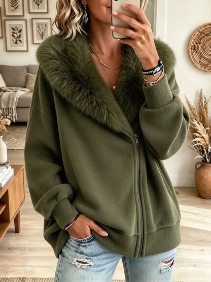 Women's Faux Fur Collar Asymmetric Zip Fleece Jacket