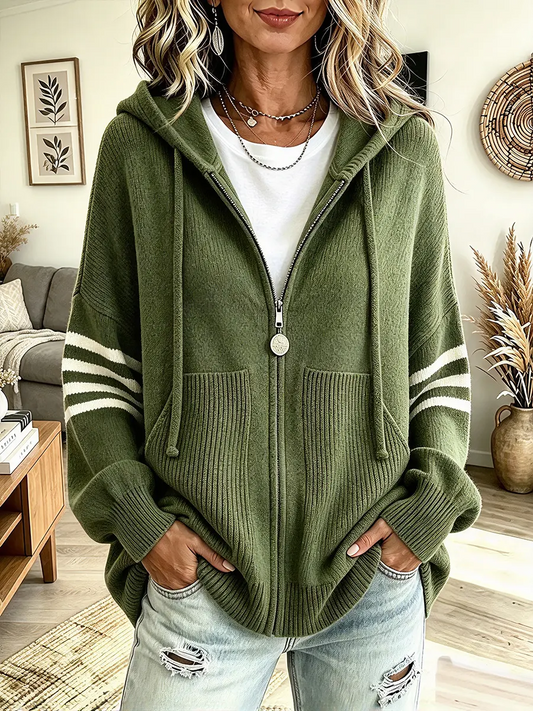 Vintage Elegant Color-block Zip-up Knit Sweater Jacket