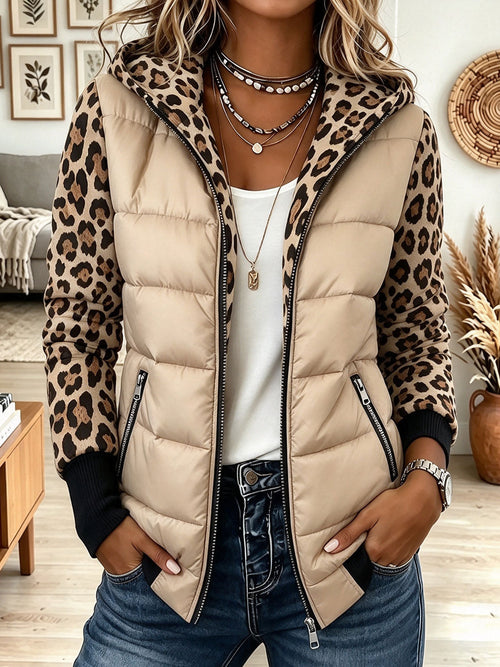 Women's Beige Puffer Winter Jacket Coat with Leopard Print Hood and Sleeves