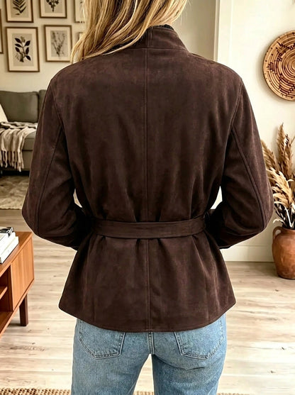 Women's Tie-Belt Button-Front Faux Suede Cardigan Jacket