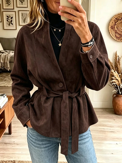 Women's Tie-Belt Button-Front Faux Suede Cardigan Jacket
