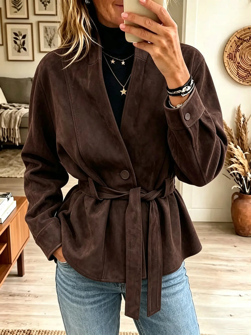 Women's Tie-Belt Button-Front Faux Suede Cardigan Jacket