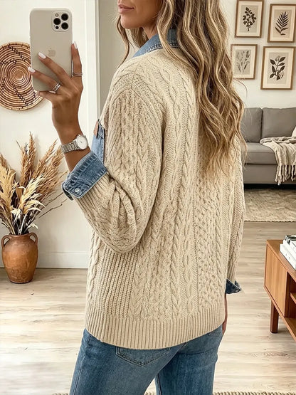 Vintage Elegant Denim Patchwork Textured Knit Fabric Jacket