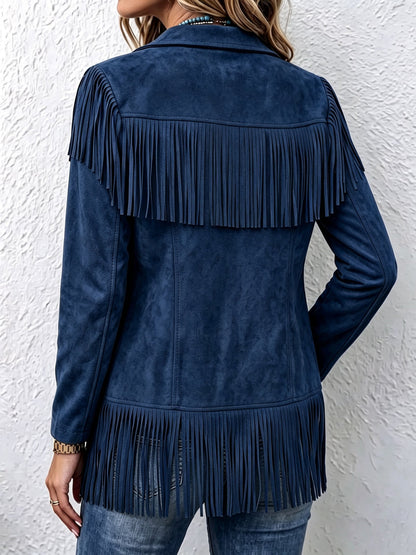 Women Western Faux Suede Fringe Lapel Long Sleeve Jacket